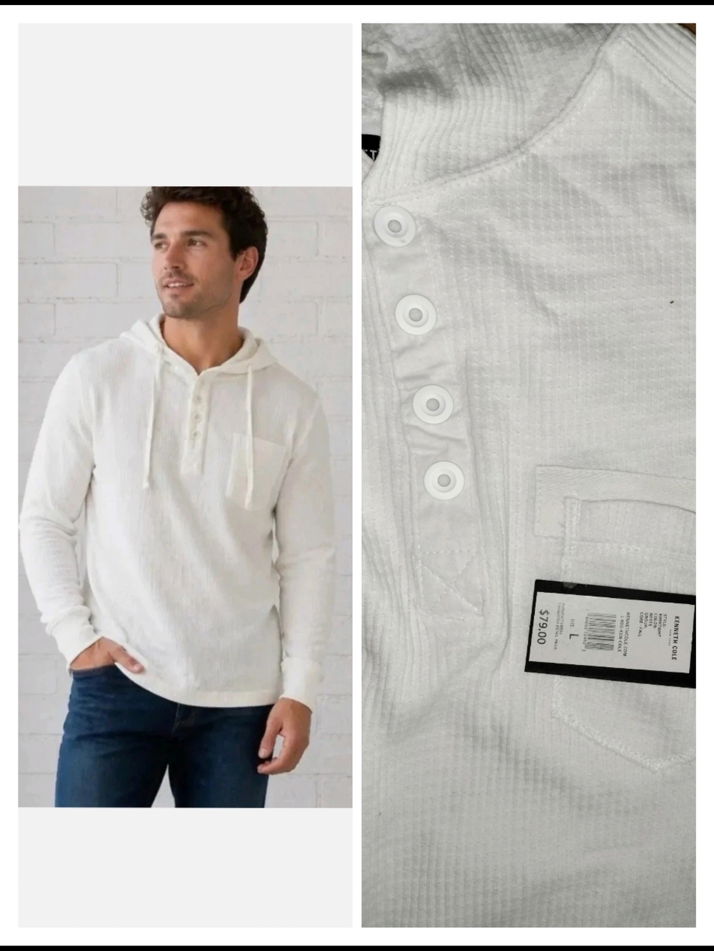 Kenneth Cole Reaction White Henley Hoodie with Chest Pocket